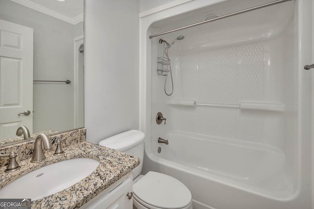 full bathroom with vanity, toilet, shower / bathtub combination, and crown molding