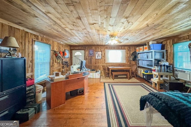 office space with hardwood / wood-style flooring, ceiling fan, wood walls, and wooden ceiling