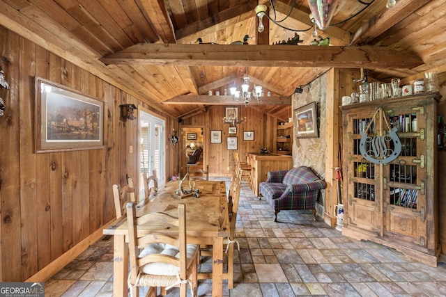 unfurnished dining area with a notable chandelier, lofted ceiling with beams, wood walls, and wooden ceiling