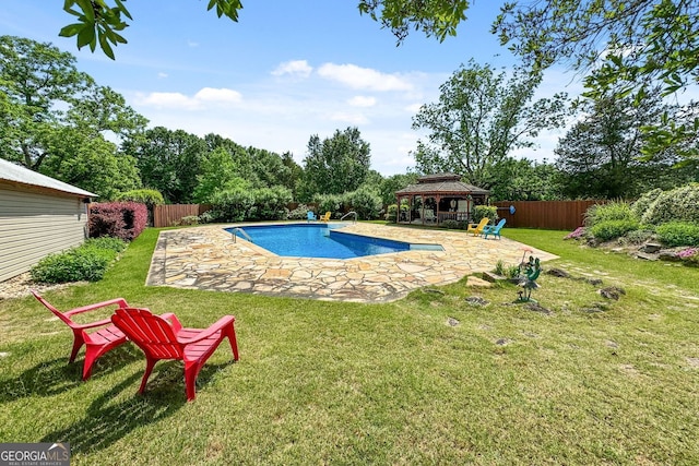 view of swimming pool featuring a gazebo, a patio, and a lawn