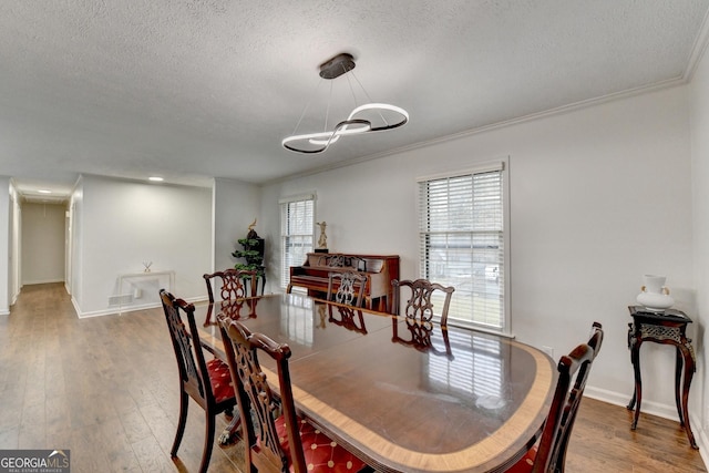 dining space with hardwood / wood-style floors, crown molding, and a textured ceiling