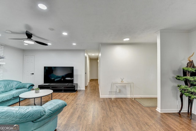 living room featuring hardwood / wood-style flooring and ceiling fan