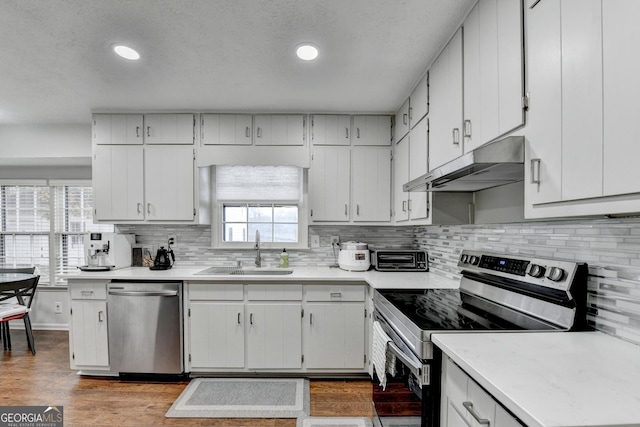 kitchen featuring white cabinetry, a wealth of natural light, sink, and appliances with stainless steel finishes