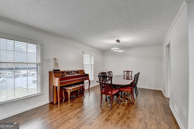 dining room featuring dark hardwood / wood-style floors, ornamental molding, a textured ceiling, and a wealth of natural light