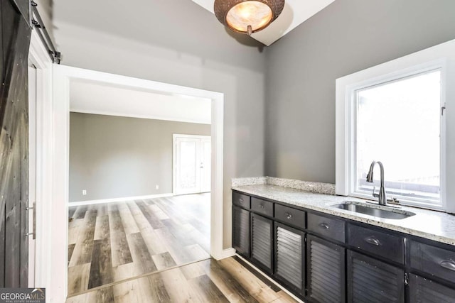 kitchen with a barn door, sink, and light hardwood / wood-style flooring