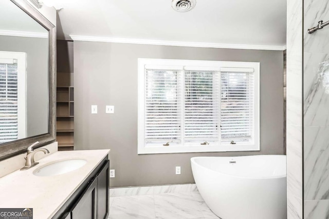 bathroom featuring a washtub, vanity, and ornamental molding