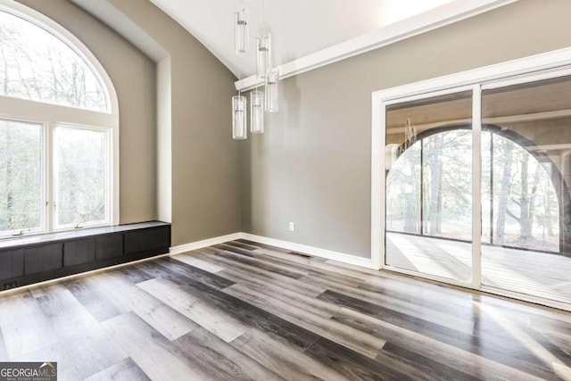 unfurnished dining area featuring hardwood / wood-style flooring and high vaulted ceiling