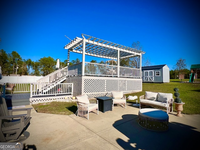 view of patio featuring a pergola and a storage shed