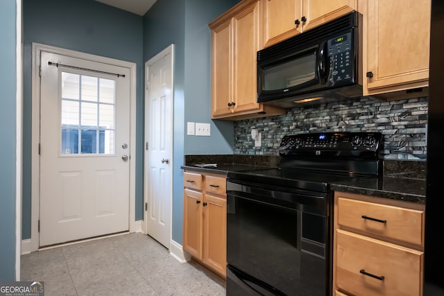 kitchen with light brown cabinets, backsplash, dark stone counters, and black appliances