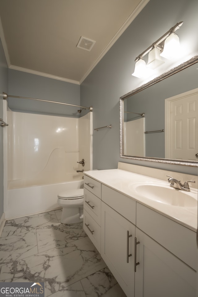 full bathroom featuring bathtub / shower combination, vanity, toilet, and crown molding