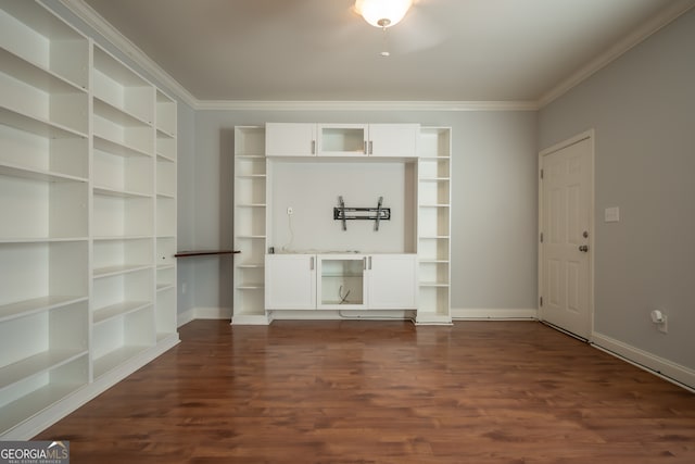 unfurnished living room featuring ceiling fan, dark hardwood / wood-style flooring, and ornamental molding