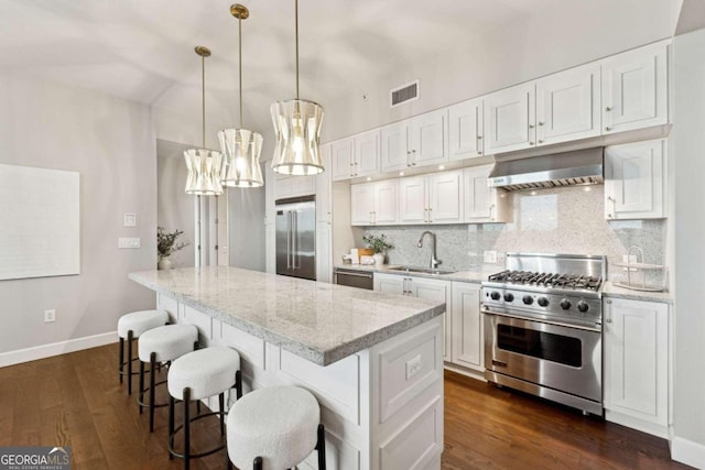 kitchen with white cabinets, premium appliances, and sink