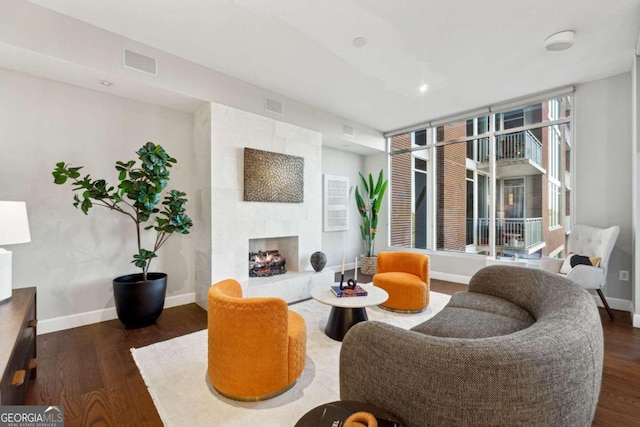 living room featuring a fireplace and dark wood-type flooring