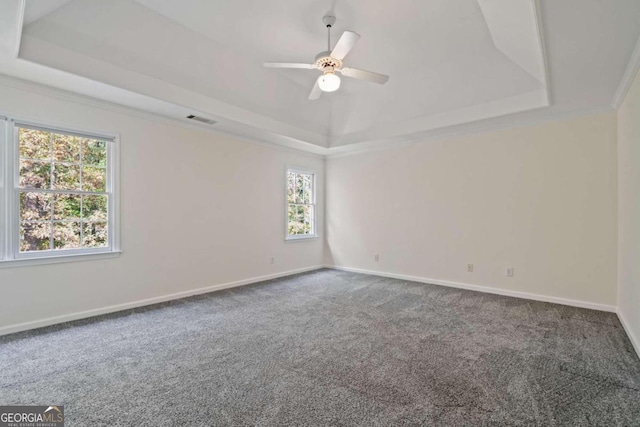 carpeted empty room with a tray ceiling, plenty of natural light, and ornamental molding