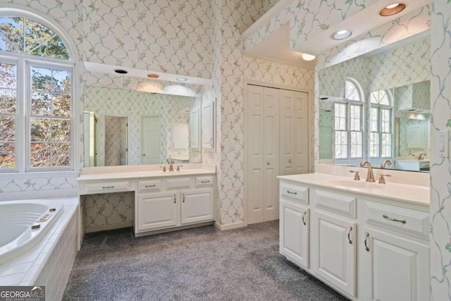 bathroom featuring vanity and independent shower and bath