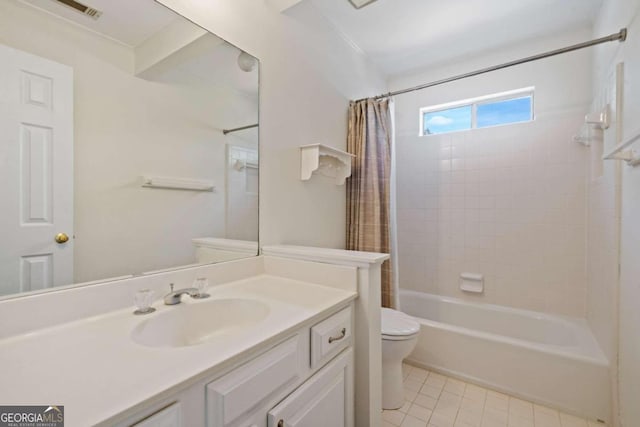 full bathroom with vanity, tile patterned flooring, toilet, shower / bath combo with shower curtain, and ornamental molding