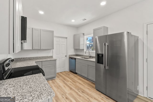 kitchen featuring light hardwood / wood-style floors, sink, gray cabinets, and stainless steel appliances