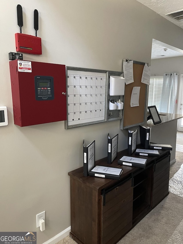 office space featuring mail boxes and light carpet