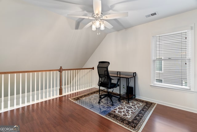 office space with hardwood / wood-style flooring, vaulted ceiling, and ceiling fan