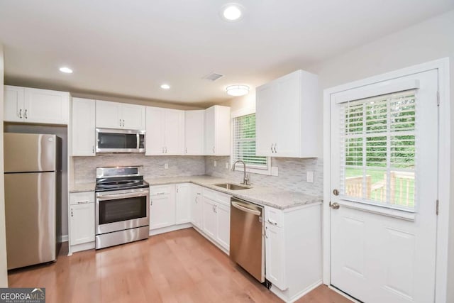 kitchen with white cabinets, sink, light wood-type flooring, tasteful backsplash, and stainless steel appliances