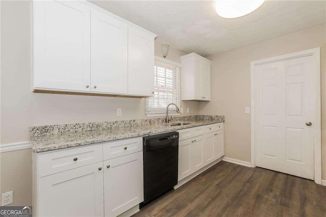 kitchen with dishwasher, dark wood-type flooring, sink, a textured ceiling, and white cabinetry