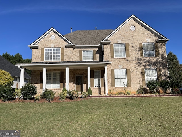 traditional home with a porch, brick siding, and a front lawn