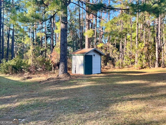 view of yard with a storage shed