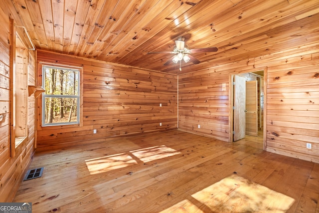 spare room featuring wood ceiling, wooden walls, ceiling fan, and light hardwood / wood-style floors