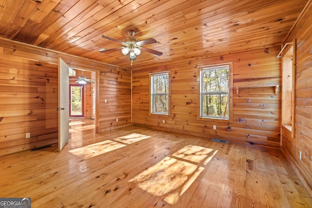 unfurnished room with ceiling fan, wood ceiling, wooden walls, and light hardwood / wood-style flooring