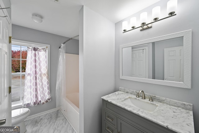 full bathroom with toilet, vanity, and shower / tub combo with curtain