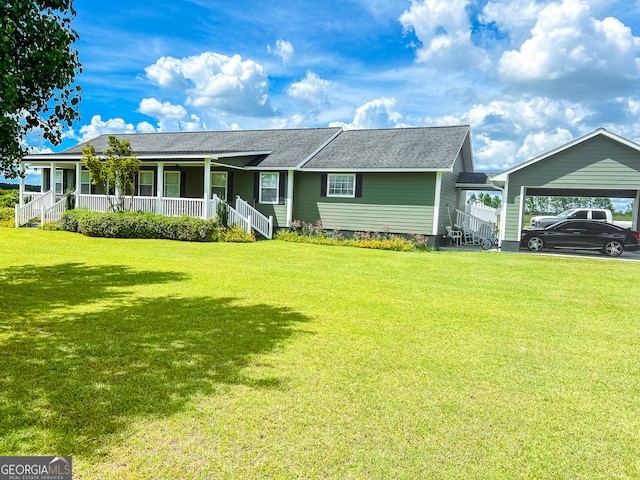 ranch-style house with covered porch, a carport, and a front yard