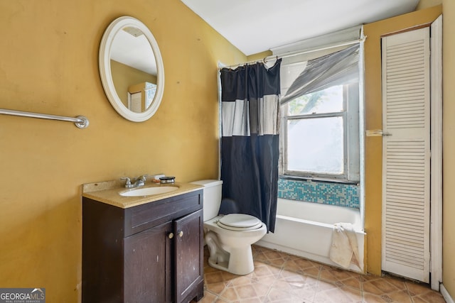 full bathroom with tile patterned flooring, vanity, toilet, and shower / bathtub combination with curtain