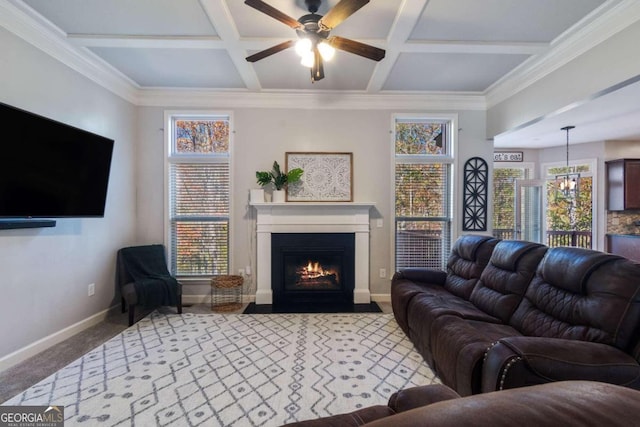 living room featuring carpet, ceiling fan, crown molding, and coffered ceiling