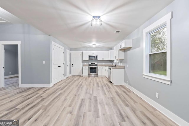 kitchen with white cabinetry, light hardwood / wood-style flooring, stainless steel appliances, and sink