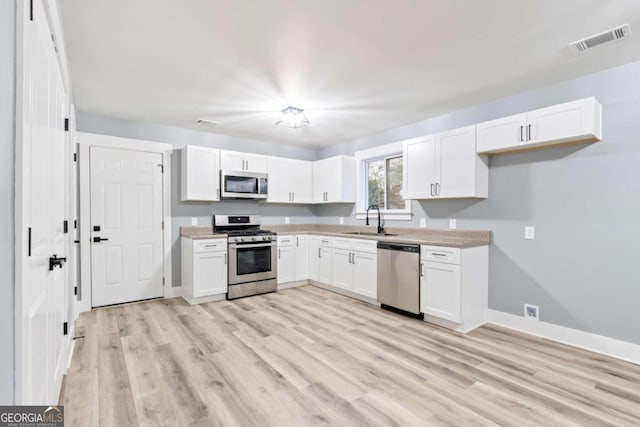 kitchen featuring appliances with stainless steel finishes, light wood-type flooring, white cabinetry, and sink