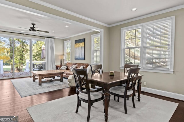 dining room with ceiling fan, wood-type flooring, and ornamental molding