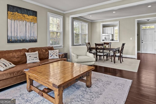 living room with crown molding and dark wood-type flooring