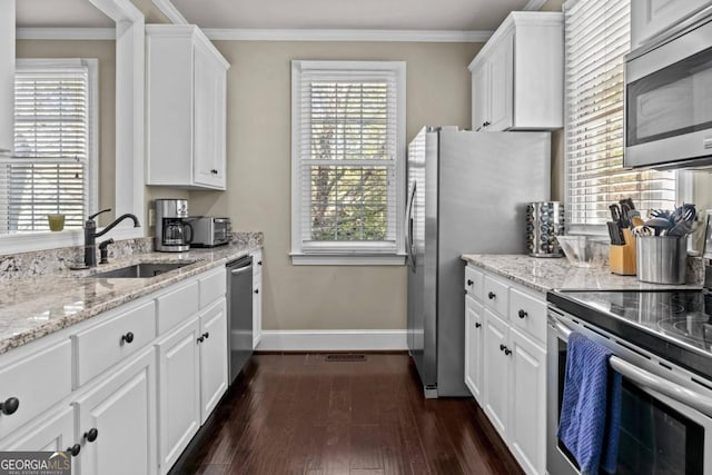 kitchen featuring sink, dark hardwood / wood-style floors, ornamental molding, appliances with stainless steel finishes, and white cabinetry