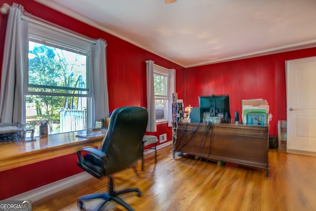 home office featuring hardwood / wood-style flooring, plenty of natural light, and ornamental molding