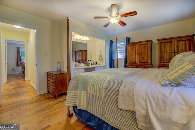 bedroom with ceiling fan and light wood-type flooring