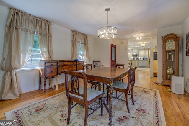 dining area with light hardwood / wood-style floors and an inviting chandelier