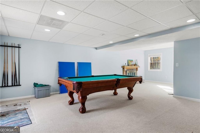 playroom featuring carpet, a paneled ceiling, and pool table