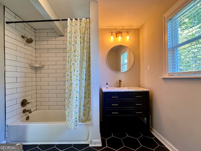 bathroom featuring shower / tub combo, vanity, and tile patterned floors