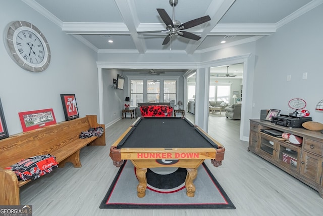 recreation room featuring coffered ceiling, light hardwood / wood-style flooring, ceiling fan, pool table, and beamed ceiling