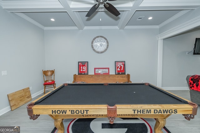 game room with wood-type flooring, coffered ceiling, and billiards