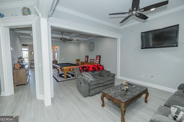 living room featuring light wood-type flooring, coffered ceiling, ornamental molding, billiards, and beamed ceiling