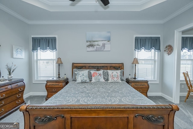 bedroom featuring ceiling fan, carpet, and ornamental molding