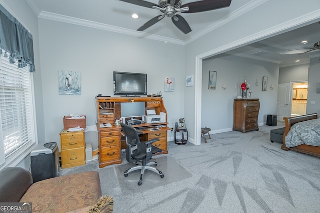 interior space with ceiling fan, ornamental molding, and light carpet