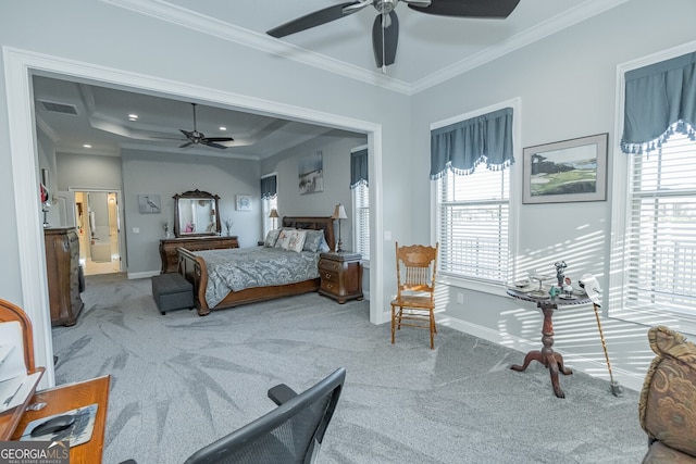 carpeted bedroom featuring ceiling fan, crown molding, and multiple windows