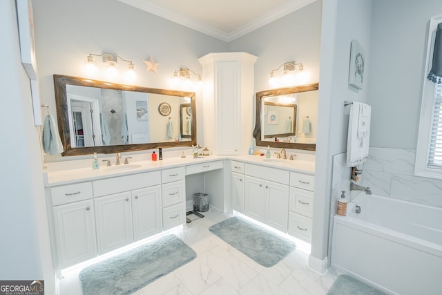 bathroom with a bathing tub, vanity, and ornamental molding